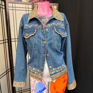 Vintage Embroidered Blue Denim Jacket with Gold Trim